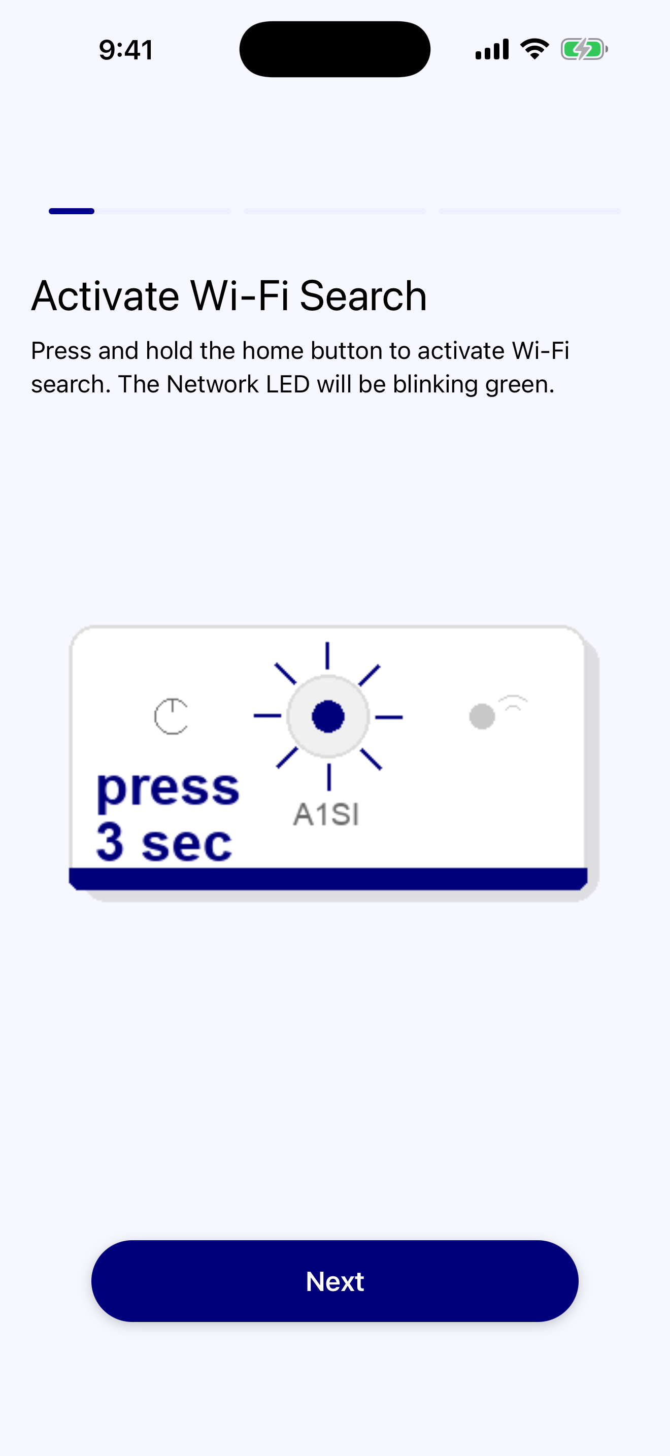 A1SI IoT WiFi on iPhone — the activate-Wi-Fi step prompting the user to make sure Wi-Fi is turned on before pairing, with step progress and a Next button.