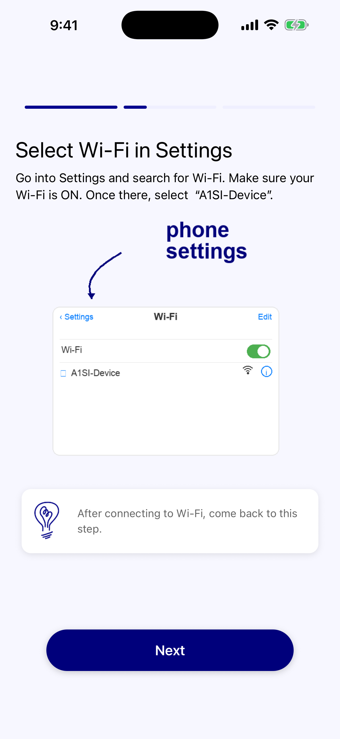 A1SI IoT WiFi on iPhone — "Select Wi-Fi in Settings": instructions to open Settings and join the device access point "A1SI-Device", with a mock Settings Wi-Fi panel and step progress.