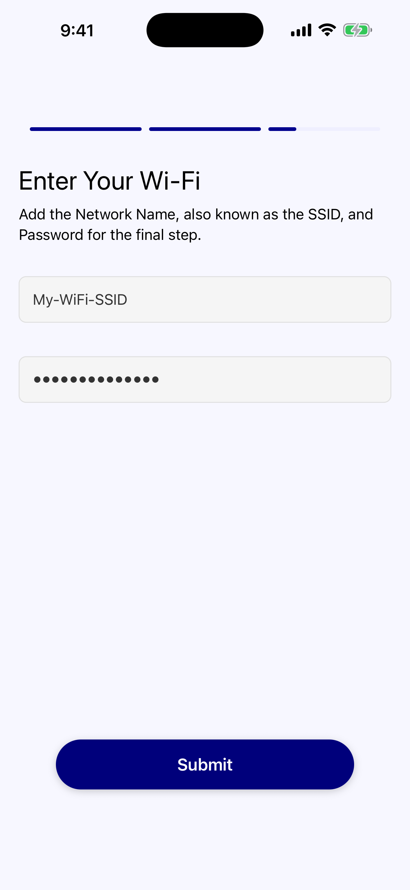 A1SI IoT WiFi on iPhone — "Enter Your Wi-Fi": a network-name (SSID) field and a masked password field above a Submit button, the final pairing step.
