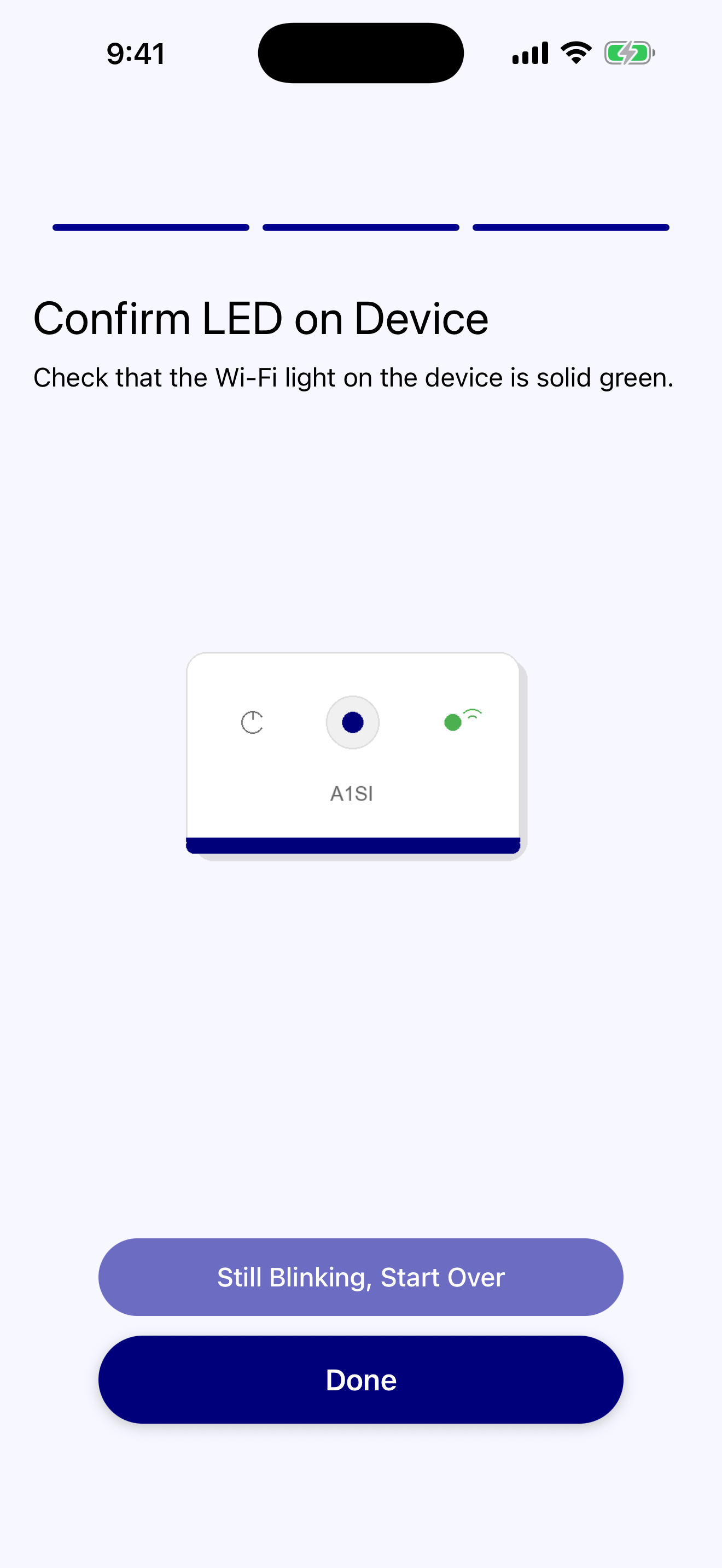 A1SI IoT WiFi on iPhone — the success screen confirming the device has joined the target Wi-Fi network.