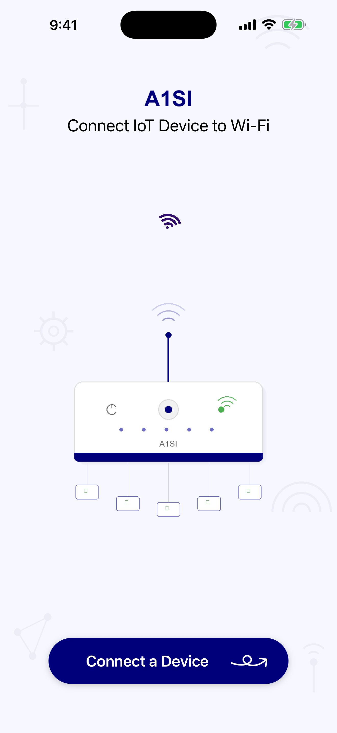A1SI IoT WiFi on iPhone — the welcome screen: an "A1SI · Connect IoT Device to Wi-Fi" header above a stylized device illustration and a "Connect a Device" button.