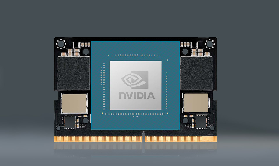 Close-up of the NVIDIA Jetson Orin Nano module — 1024 CUDA cores and 32 Tensor cores on a system-on-module the size of a credit card