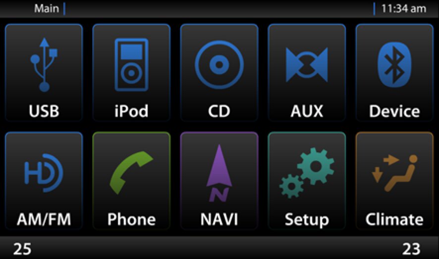 Media control interface — capacitive touchscreen running Apple iPod / iTunes song selection by Artist, Album, and Genre, with Immersion® haptic feedback on every press