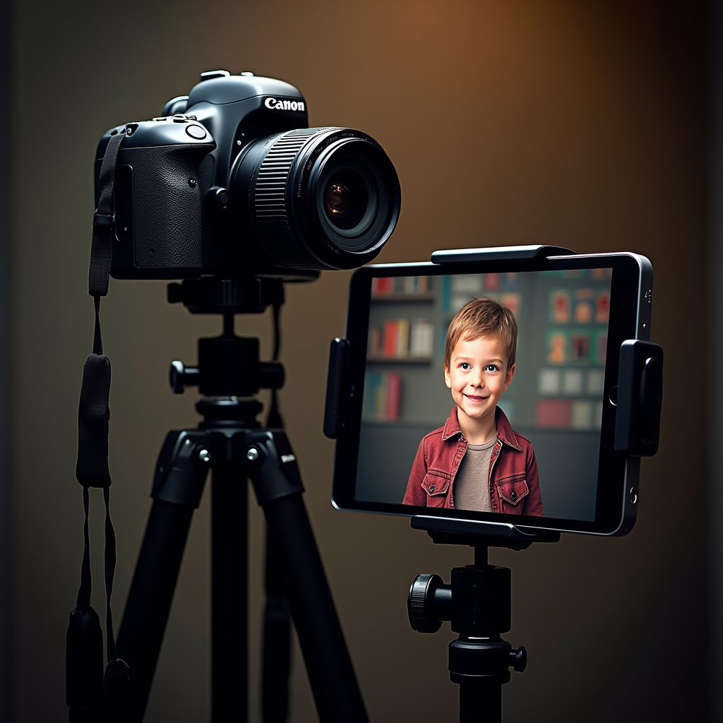 TPG Digital Portrait System illustration — a Canon DSLR on a studio tripod with a tablet alongside it displaying a freshly-captured child portrait. The composition is exactly the workflow SNAP enabled: digital camera + workstation + subject information bound to the captured image at the moment of capture.