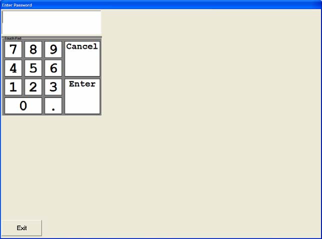 SNAP '06 Enter Password screen — touchpad-driven password gate that protected the Setup and configuration screens from accidental edits during a busy capture session.