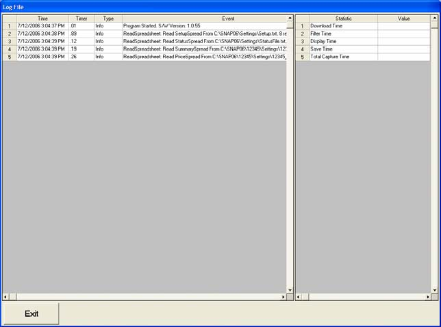 SNAP '06 Log File screen — diagnostic log entries from the current capture session (Time, Timer, Type, Event columns) showing the application's startup sequence and the per-file spreadsheet reads, plus a right-hand Statistics pane for Download Time / Filter Time / Display Time / Save Time / Total Capture Time. This is the diagnostic surface that IT used to troubleshoot a slow camera or a missing image.