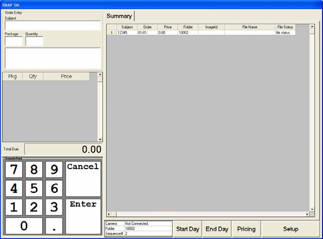 SNAP '06 main screen — Subject ID + Package + Quantity capture on the left with a numeric touchpad; Summary grid on the right showing the day's captured images per subject; Start Day / End Day / Pricing / Setup buttons in the bottom action row.