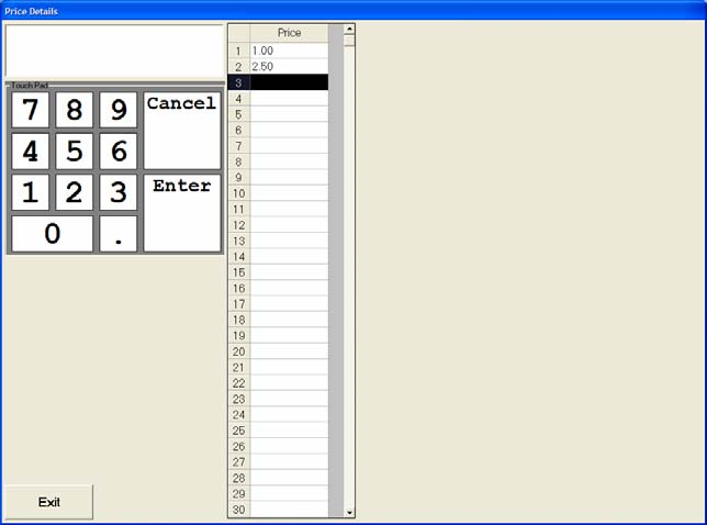 SNAP '06 Price Details screen — the bundled price schedule for the day's order packages (rows 1–30 visible; first two populated at $1.00 and $2.50). Operators edit the price table with the same numeric touchpad as the order-entry panel.