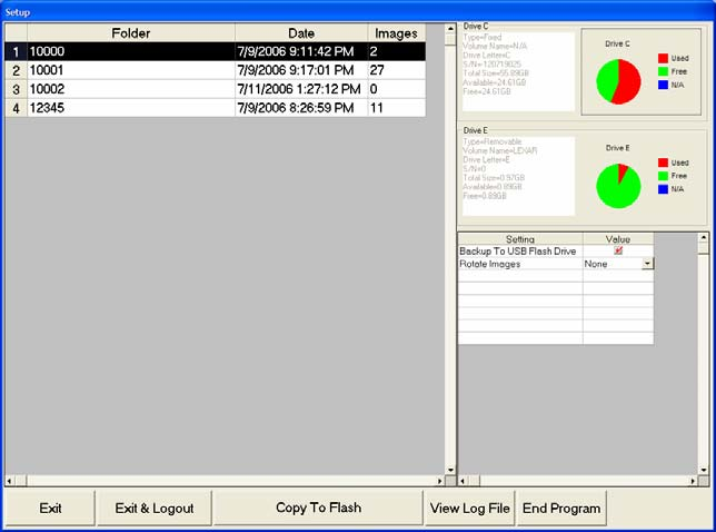 SNAP '06 Setup screen — list of recent job folders with date stamps and image counts on the left (Folder 10000 with 2 images, Folder 10001 with 27 images, Folder 12345 with 11 images), Drive C and Drive E storage pie charts on the right (showing used / free space and the flash-card backup drive), and configuration toggles for "Backup To USB Flash Drive" and "Rotate Images". Bottom action row: Exit, Exit & Logout, Copy To Flash, View Log File, End Program.