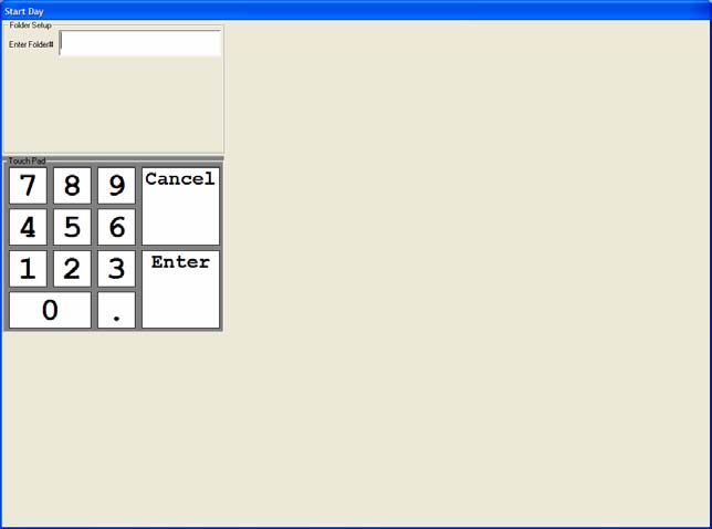 SNAP '06 Start Day screen — the operator enters the job's Folder ID via the on-screen touchpad to start a new day's capture session. The Folder ID anchors every image captured that day in the auto-disk-management storage hierarchy.