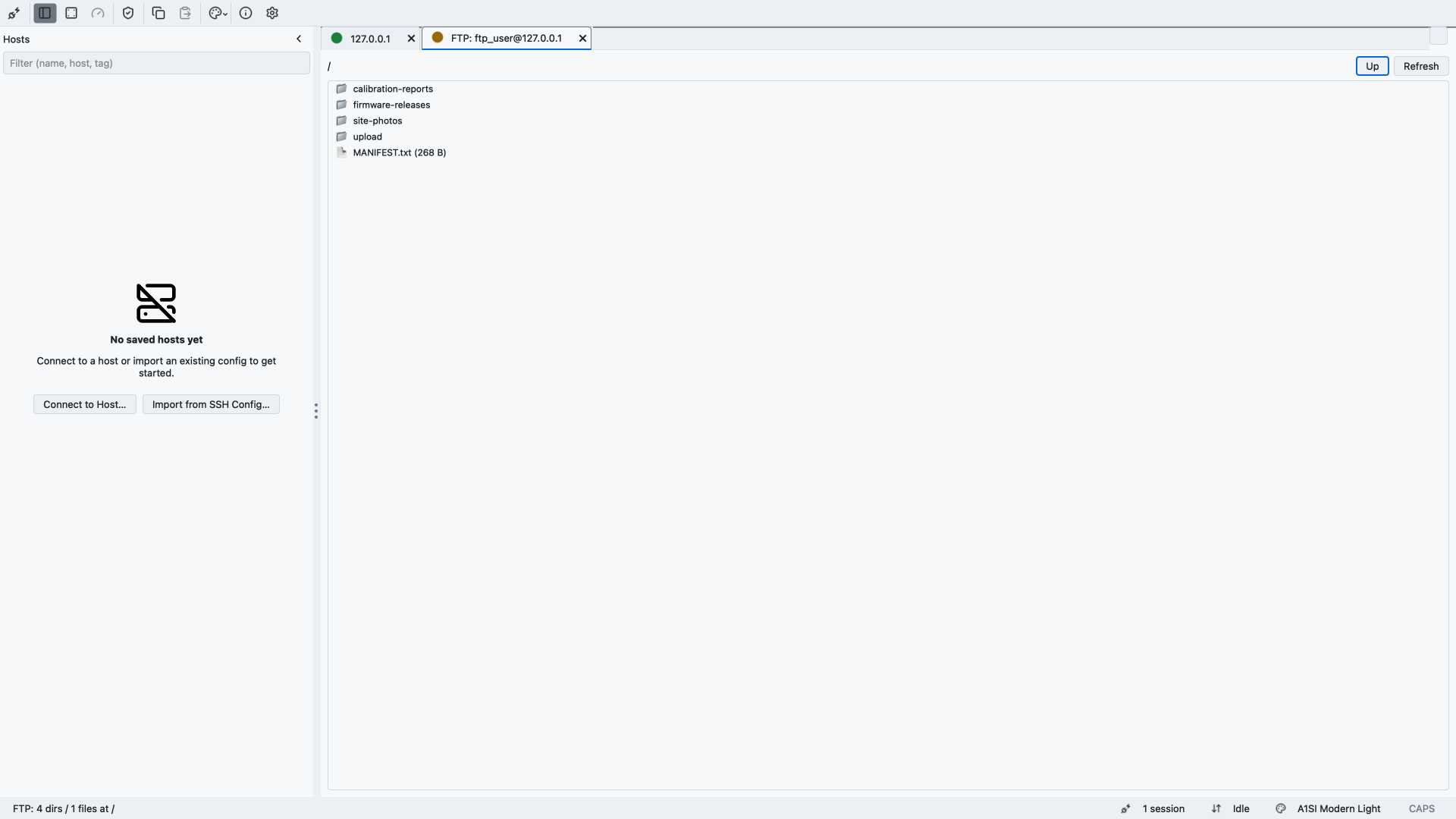 A1SI-TERM in a file-transfer session: an SSH tab beside an active FTP tab browsing the remote root, listing the calibration-reports, firmware-releases, site-photos, and upload directories plus a MANIFEST.txt file.