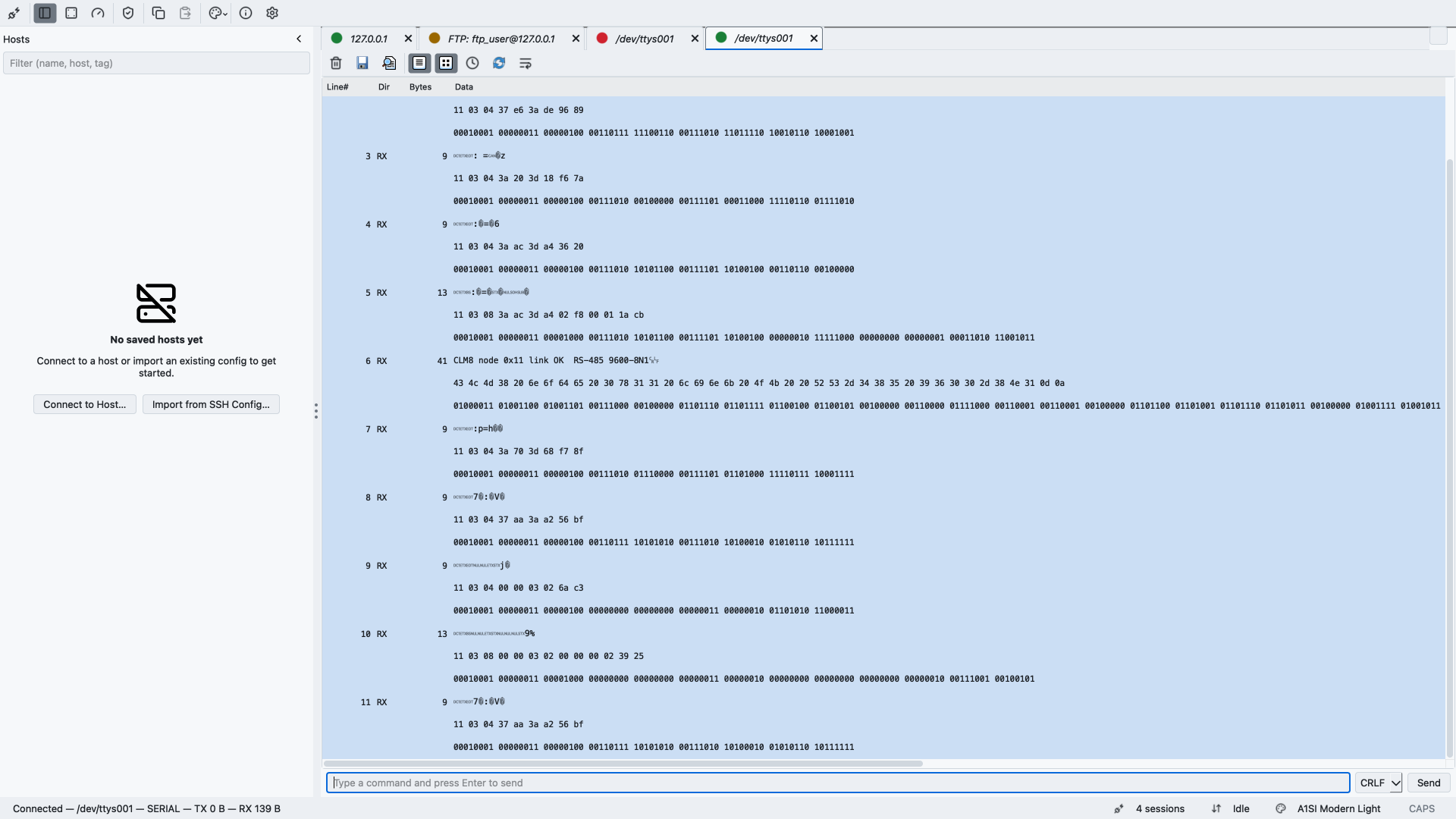 A1SI-TERM inspecting a serial stream in hex and binary: a line-numbered receive view of Modbus-RTU frames from a CLM8 node over RS-485, each frame shown as raw hex bytes and their binary expansion, with a command-send box and a CRLF line-ending selector.