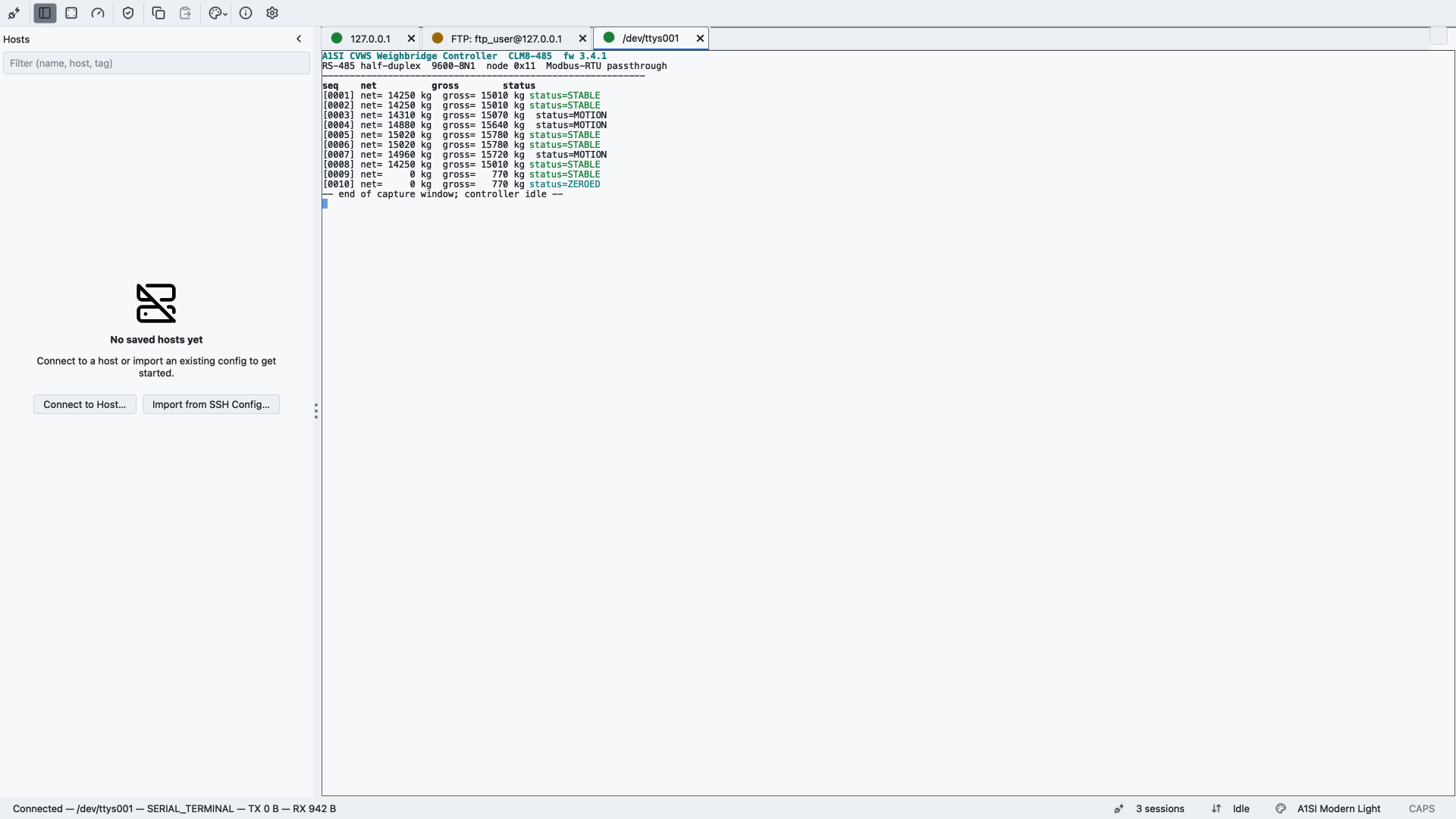 A1SI-TERM running a serial RS-485 session on /dev/ttys001: an A1SI CVWS weighbridge controller (CLM8-485) on a 9600-8N1 half-duplex link streaming Modbus-RTU weighing records, listing net and gross weights with per-reading STABLE, MOTION, and ZEROED status.