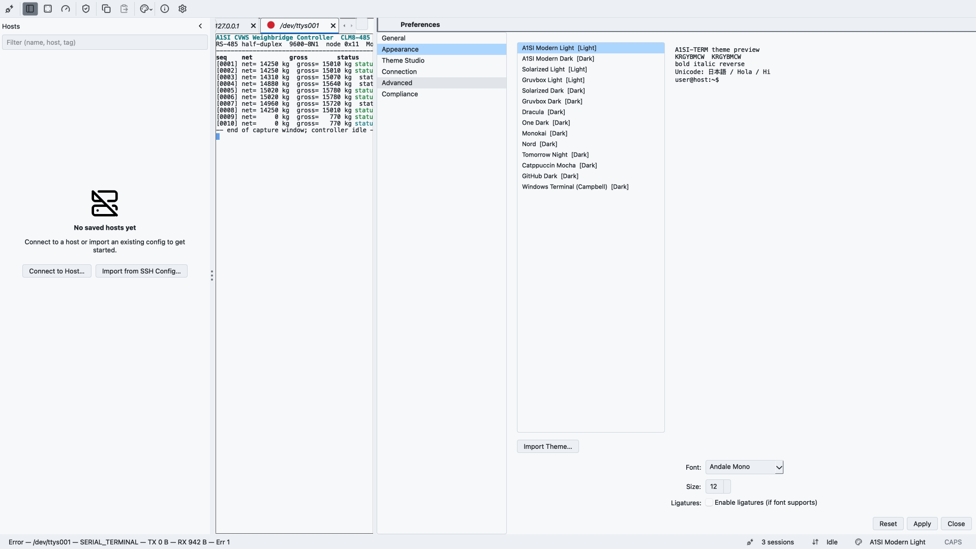 A1SI-TERM Preferences dialog on the Appearance tab: a theme picker listing A1SI Modern Light and Dark alongside Solarized, Gruvbox, Dracula, One Dark, Monokai, Nord, and other bundled themes, with a live theme preview and font and ligature controls.