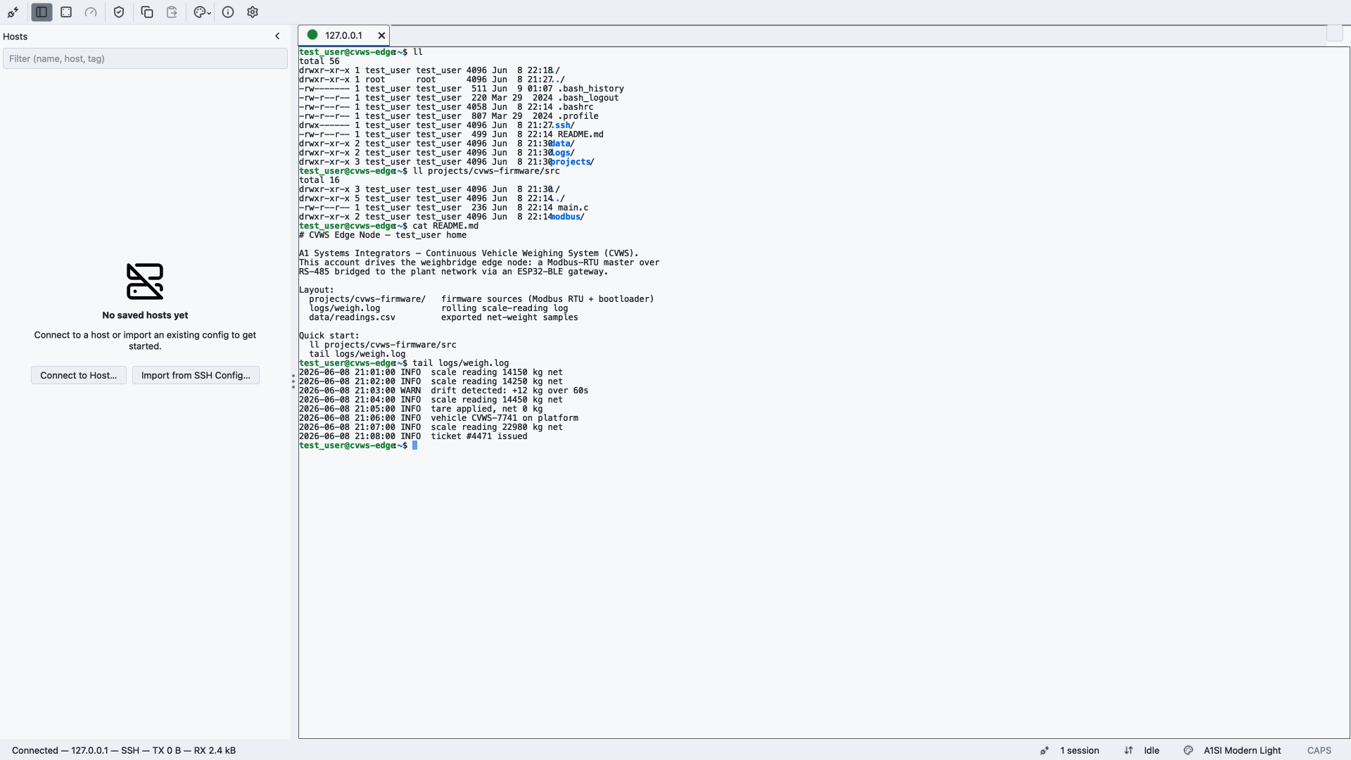 A1SI-TERM running a live SSH session: a terminal connected to a host showing a color-coded directory listing and a login banner.