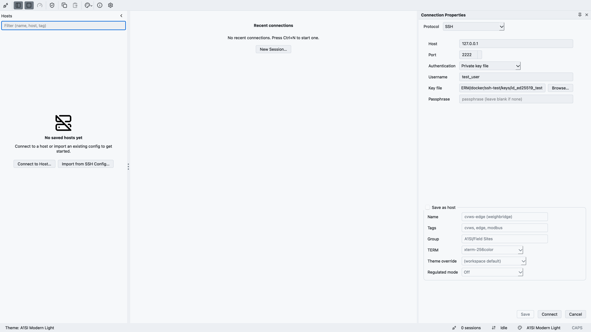 A1SI-TERM Connection Properties panel: an SSH connection to host 127.0.0.1 on port 2222 using private-key authentication, with a "Save as host" section capturing name, tags, group, TERM type, theme override, and regulated mode.