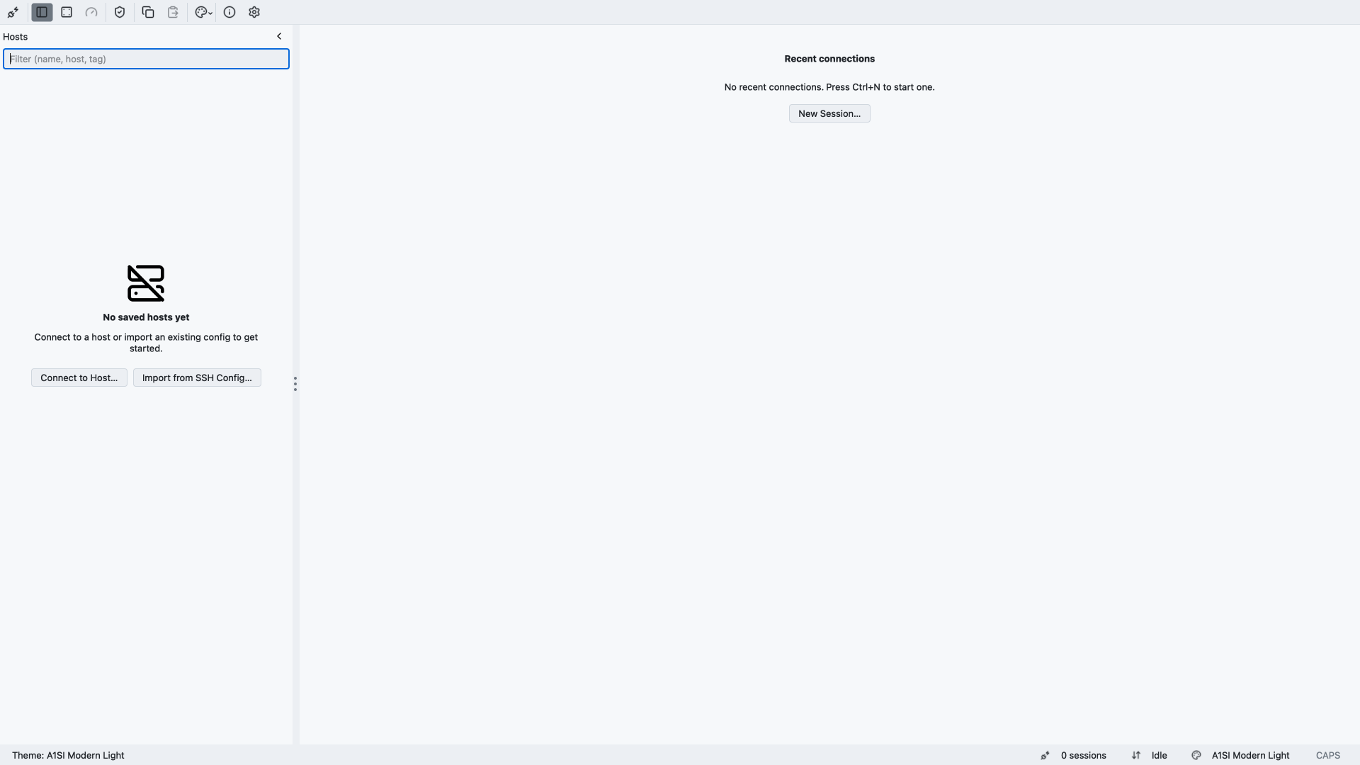 A1SI-TERM desktop app at startup: a left-rail host list reading "No saved hosts yet" with Connect to Host and Import from SSH Config buttons, and a "Recent connections" empty state with a New Session button.