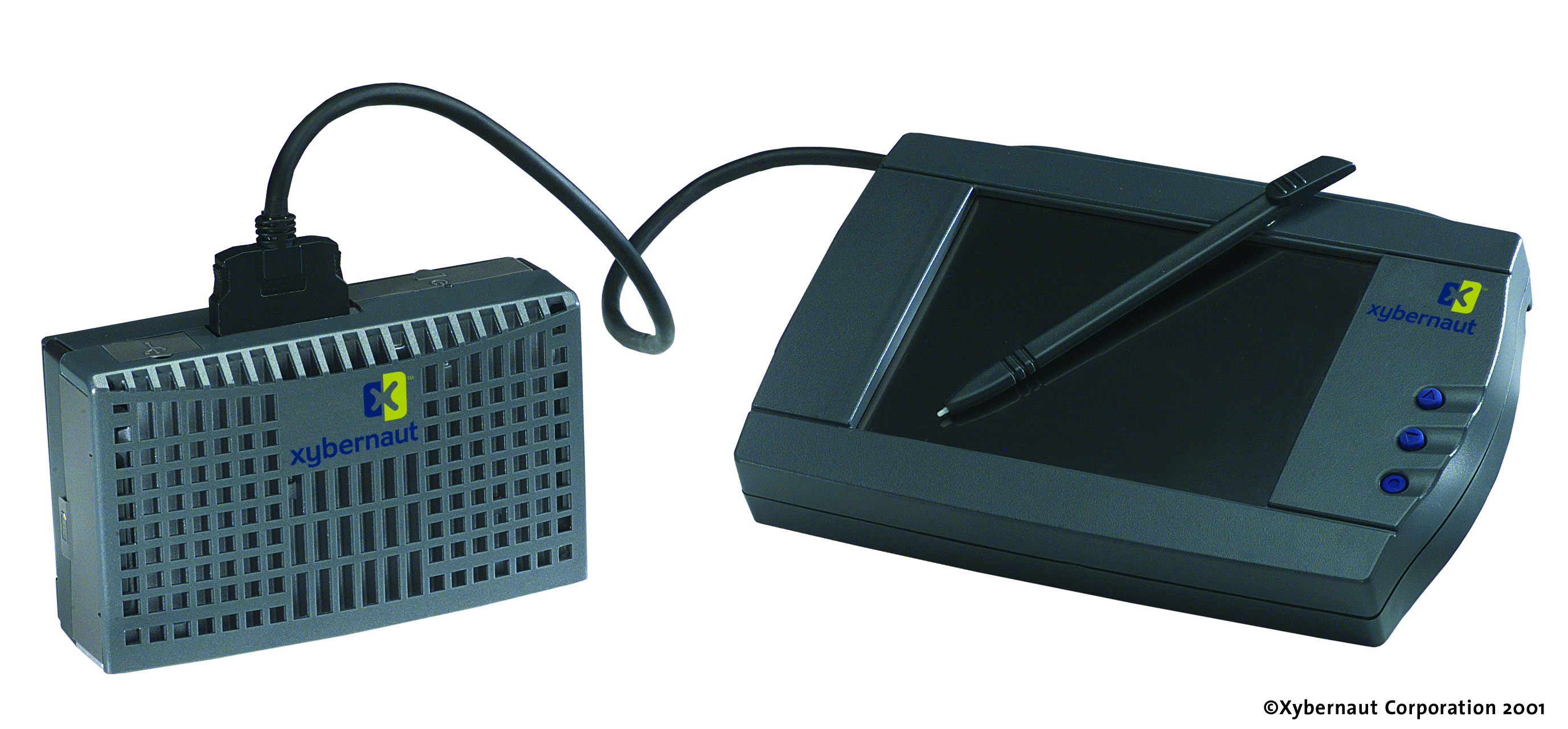 Xybernaut MA-V belt-mounted wearable PC connected to its flat-panel touch display via cable, with stylus — the display-and-computer platform the ISA Event Photo System ran on. 2001-era Xybernaut Corporation press photo.