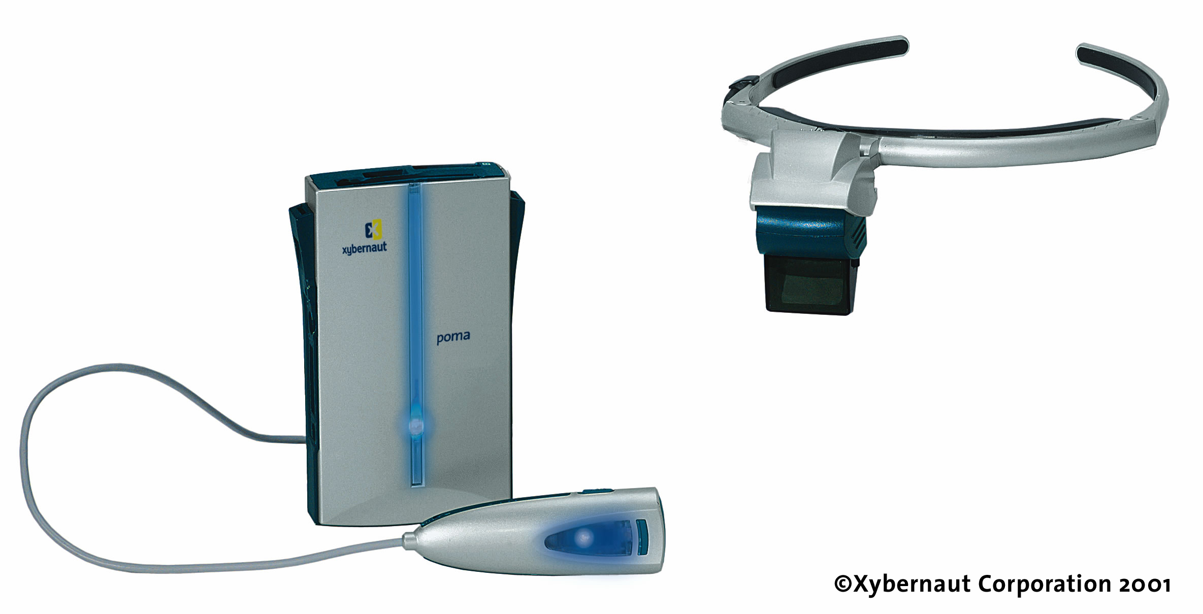 Xybernaut POMA consumer wearable PC module shown alongside its headband-mounted display attachment — a Xybernaut Corporation product photo of the consumer Poma line, the platform family the EPS rig's MA-V belonged to. The EPS itself used the daylight-viewable flat-panel touch display. 2001-era press photo.